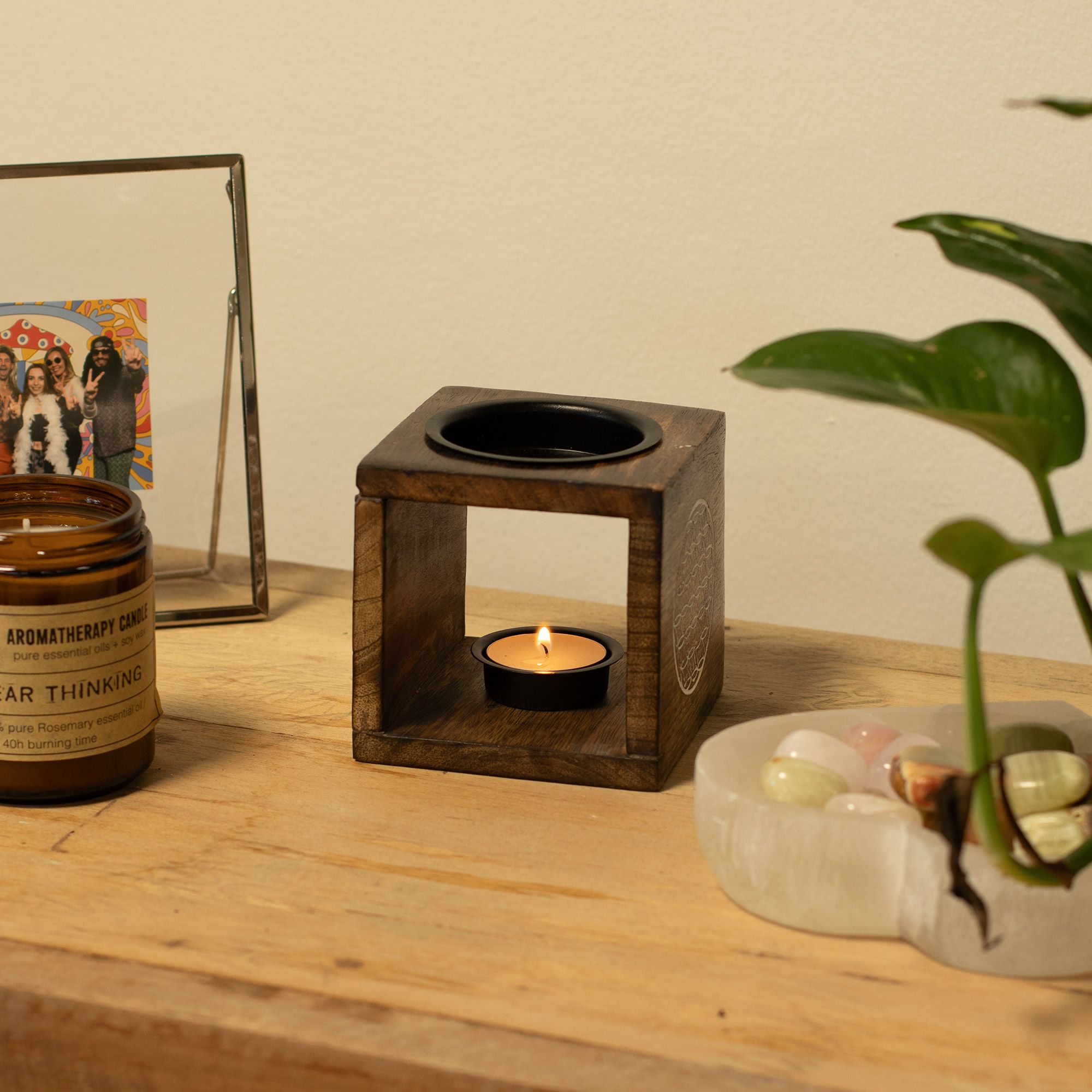 Gran quemador de aceite de madera de mango cuadrado - Cara de Buda - Imagen 4