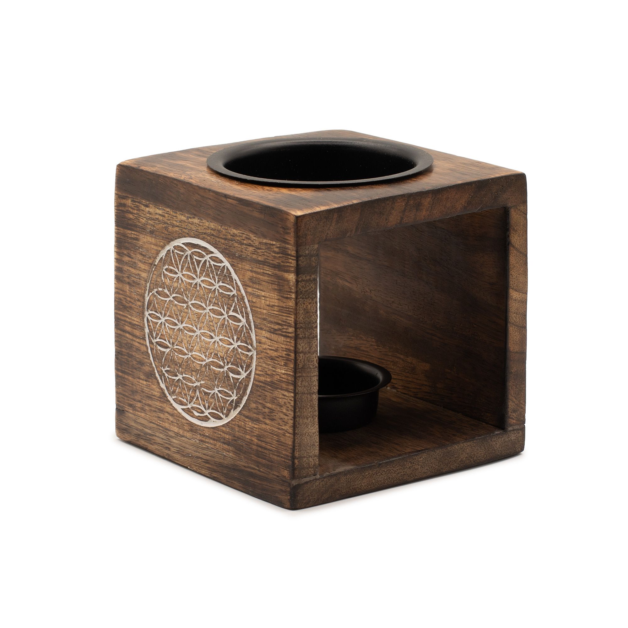 Quemador de aceite de madera de mango cuadrado - Flor de la Vida - Imagen 4