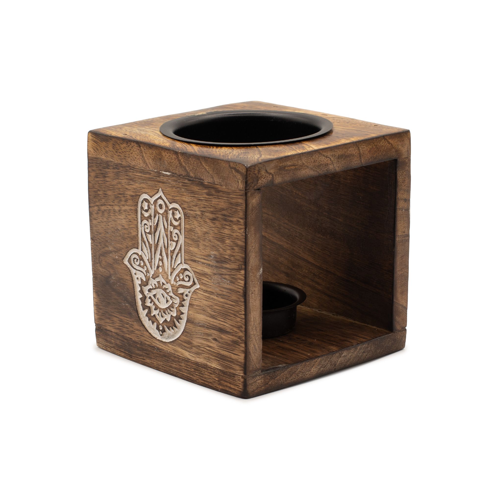 Quemador de aceite de madera de mango cuadrado - Hamsa - Imagen 2